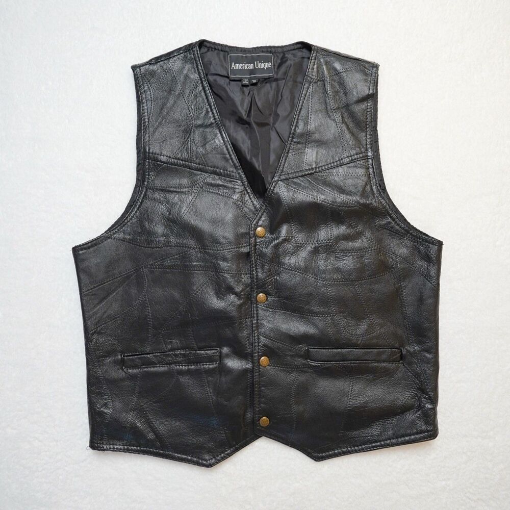American Unique Patchwork Leather Motorcycle Biker Vest - Men’s XL